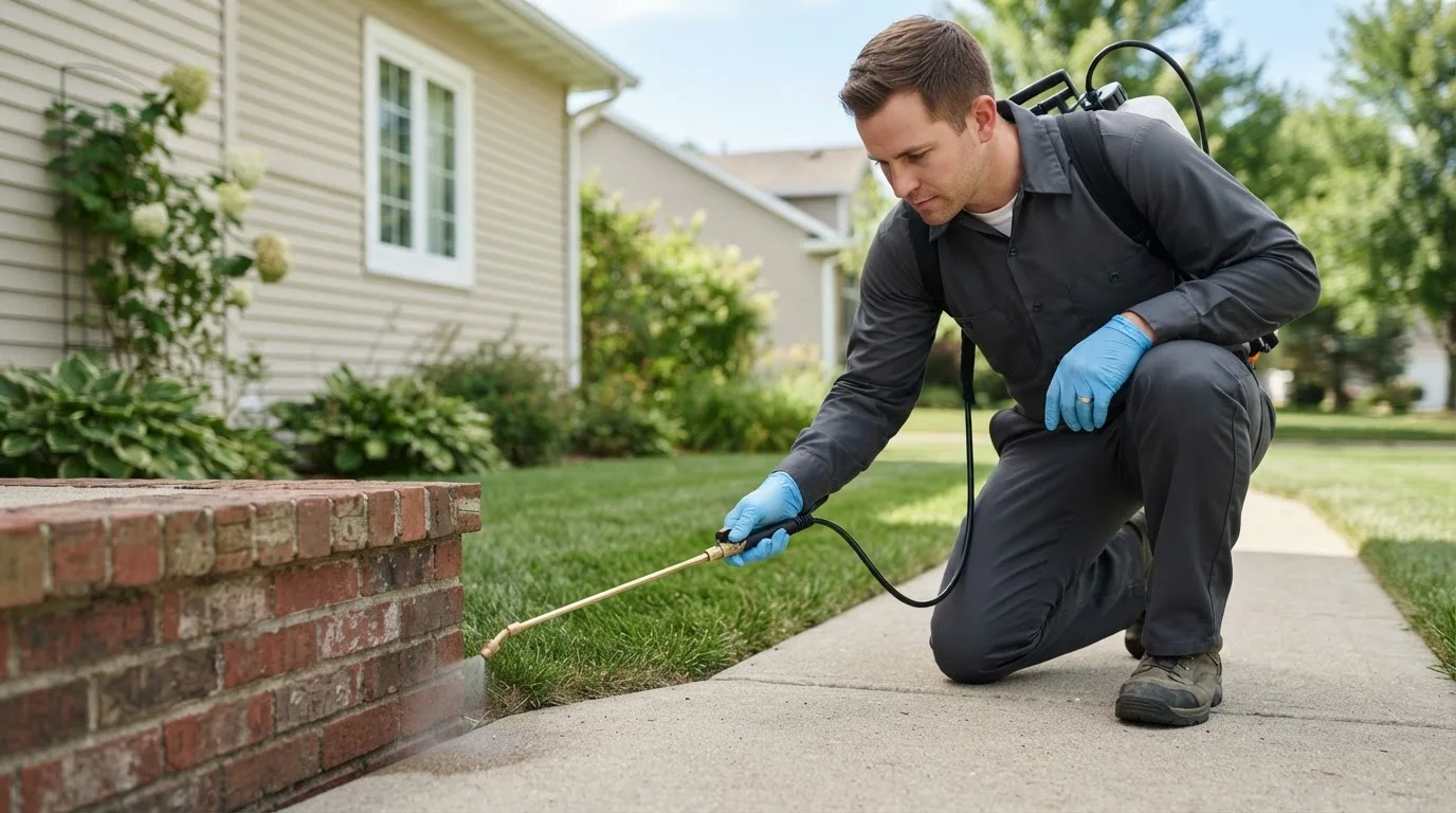 Pest control technician treating a home near Saint Johns, MI