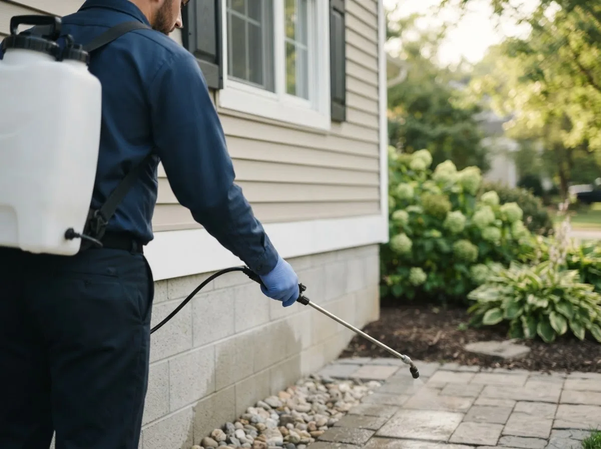 Pest control technician inspecting a home in Saint Johns, MI